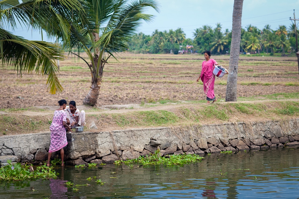Scène de vie en bordure des backwaters du Kerala